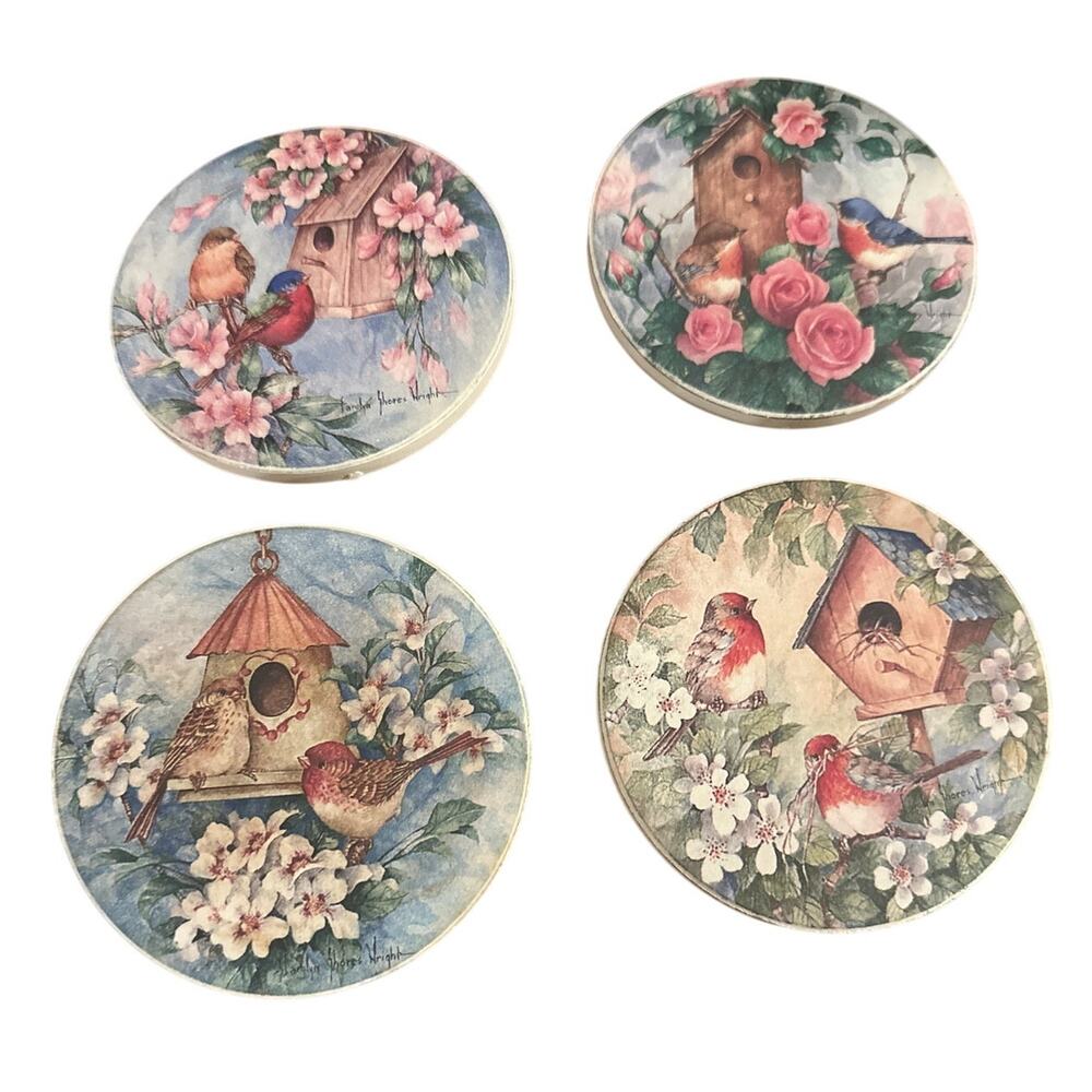 Set 4 Carolyn Shores Wright Coasters Bird House Feeder Ceramic Tile Round Circle